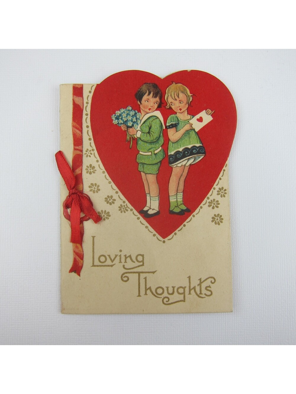 Valentine Card Boy Sailor Suit Blonde Girl Green Dress Die cut Bifold Red Ribbon